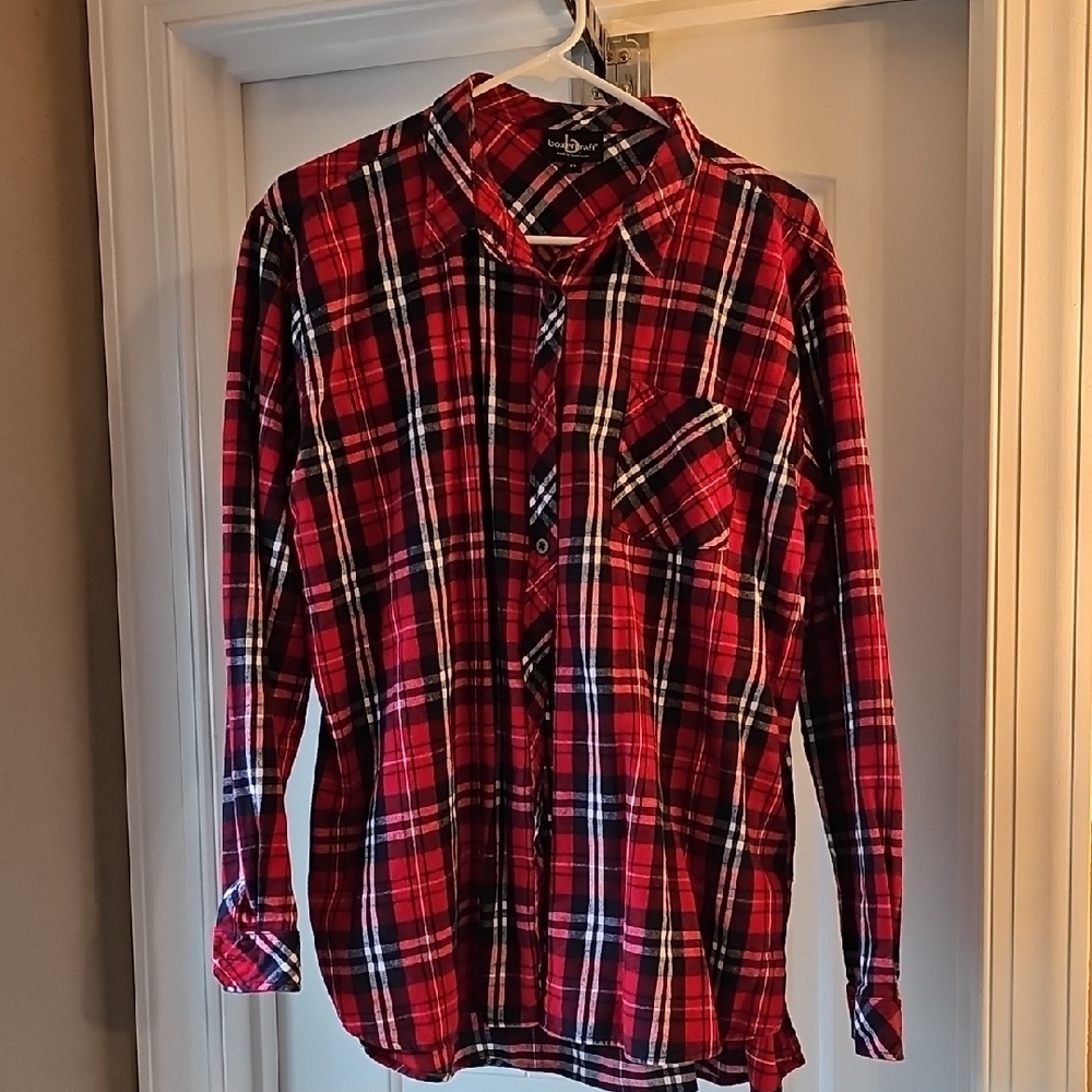 Boxercraft Women's Red, Navy, and White Plaid Button-Down Shirt